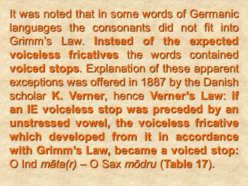 It was noted that in some words of Germanic languages the consonants did not